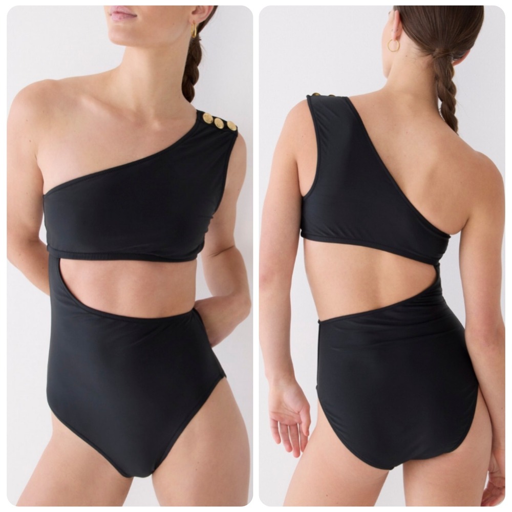 J. Crew Black One Shoulder One Piece Swimsuit Cutout Gold Button Detail Size 20